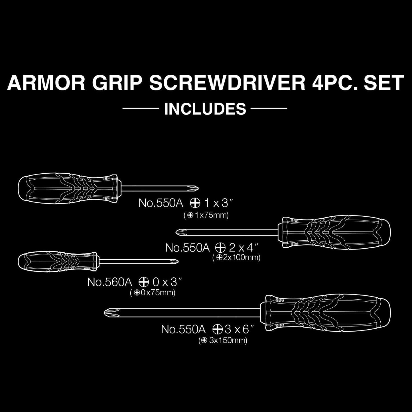 ARMOR GRIP Screwdriver Set 4PC. Set (JIS DRIVE)