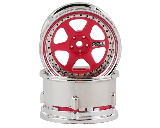 DS Racing 6 Spoke Drift Wheels (Pink Face/Chrome Lip/Black Rivets)