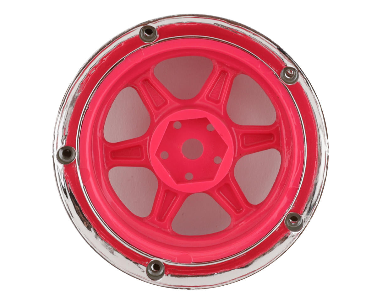 DS Racing 6 Spoke Drift Wheels (Pink Face/Chrome Lip/Black Rivets)