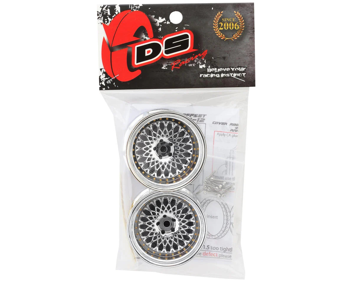 DS Racing Element Mesh Drift Wheels (Tri Chrome w/Gold Rivets) (2) (Adjustable Offset) (2) w/12mm Hex