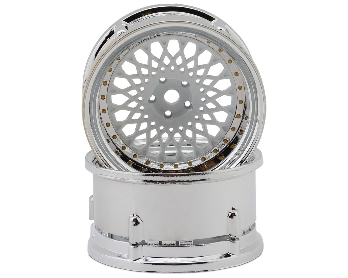 DS Racing Element Mesh Drift Wheels (White w/Chrome Lip & Gold Rivets) (Adjustable Offset) (2) w/12mm Hex