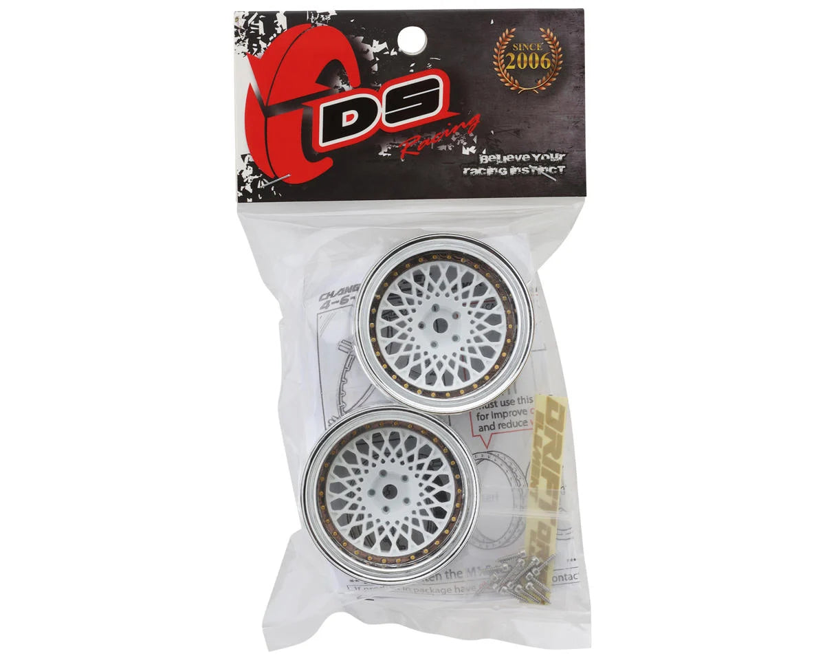 DS Racing Element Mesh Drift Wheels (White w/Chrome Lip & Gold Rivets) (Adjustable Offset) (2) w/12mm Hex