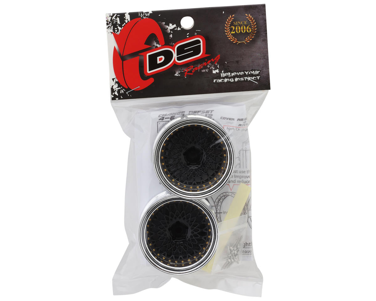 DS Racing Element Mesh Drift Wheels (Black w/Chrome Lip & Gold Rivets) (Adjustable Offset) (2) w/12mm Hex